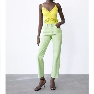 Zara Highrise Pistachio Green Straight Leg Cotton Jeans Size 6